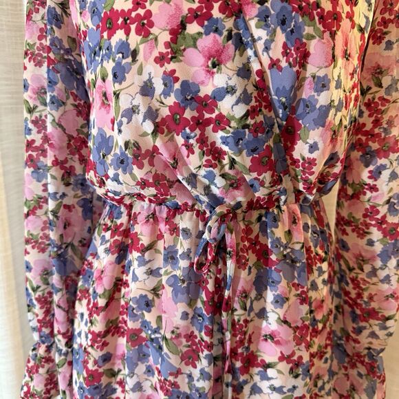 Kirundo Womens Dress Small Pink Floral Faux Wrap Ruffle Tiered Long Sleeve Flowy - Picture 3 of 13